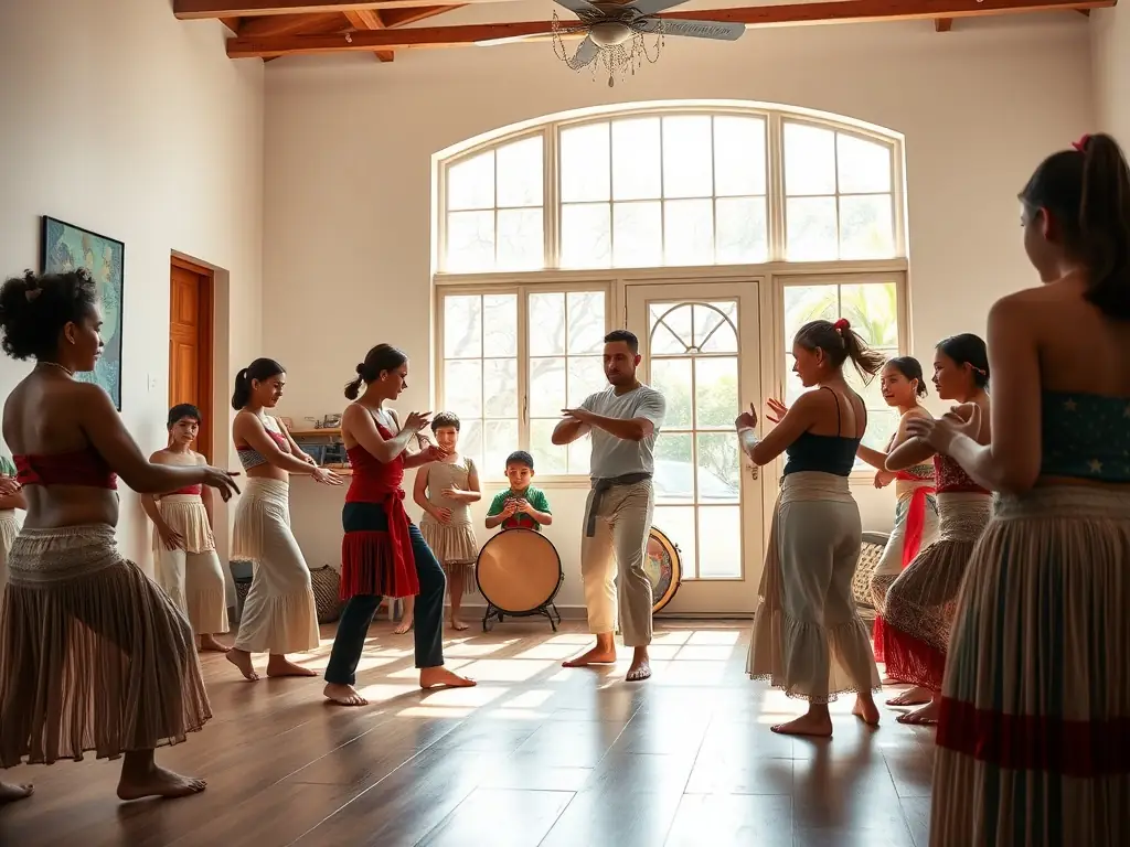 A group of people of various ages and backgrounds participating in a Capoeira demonstration in a community center.