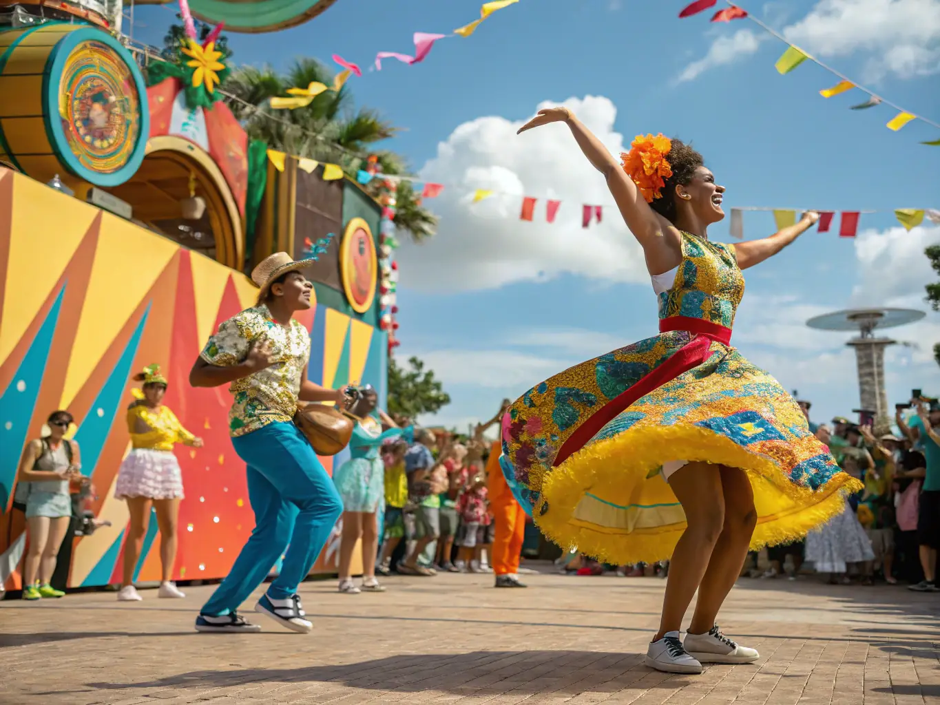 An image of a lively cultural festival with music, dance performances, and community participation.