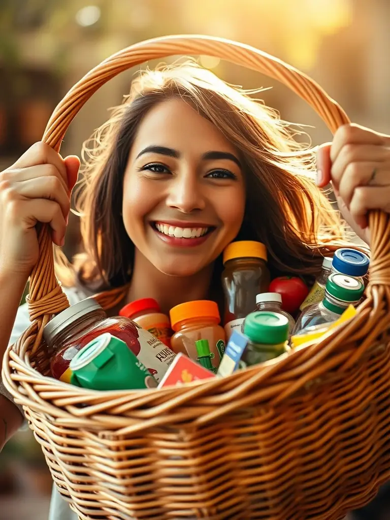 A close-up shot of a surprised and happy member opening a Recycle ta Planète Solidarité surprise basket filled with a variety of rescued food items and household products.