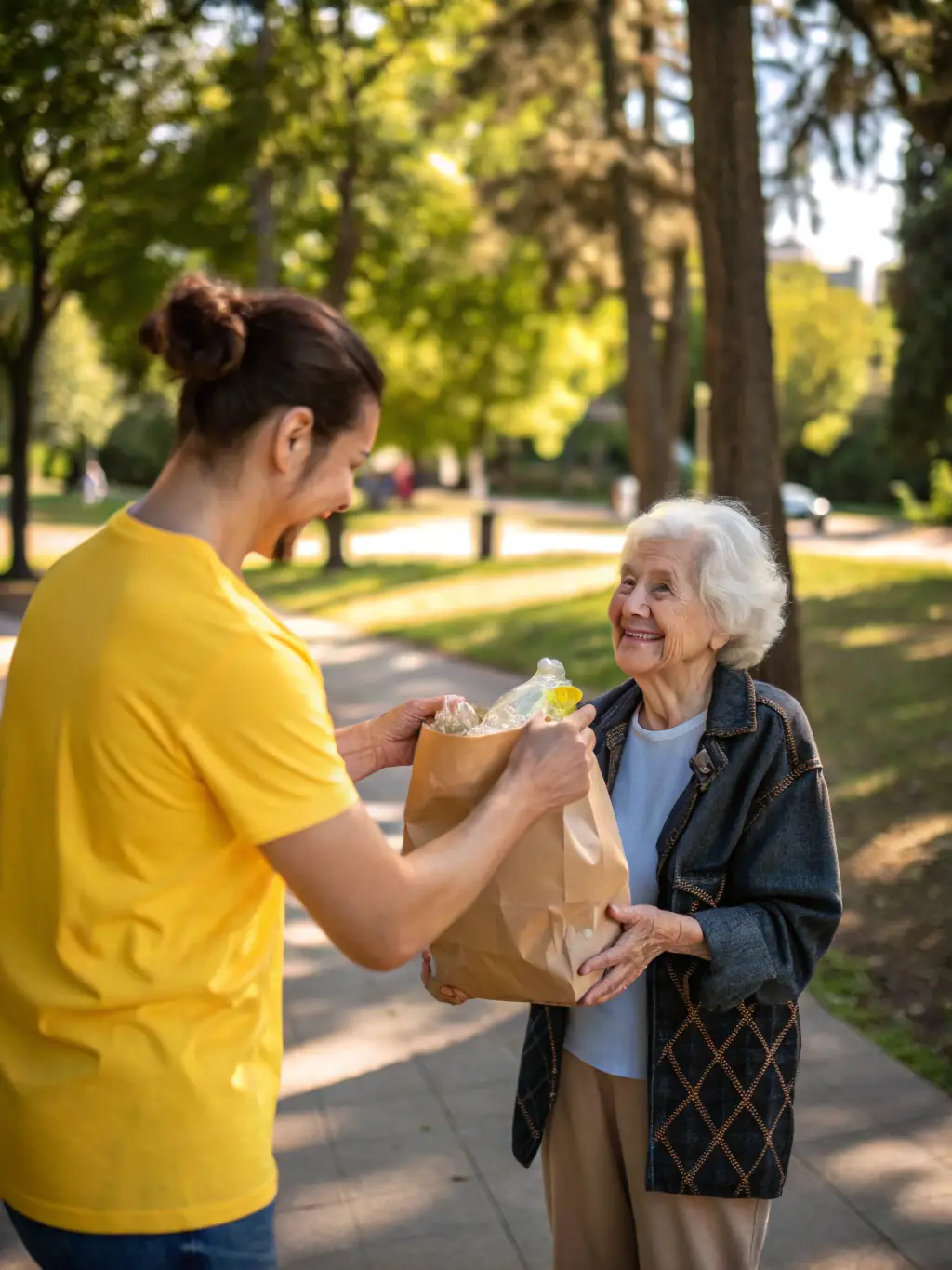 A photo of a community member receiving a surprise basket filled with rescued goods, illustrating the direct impact of Recycle ta Planète Solidarité's work.