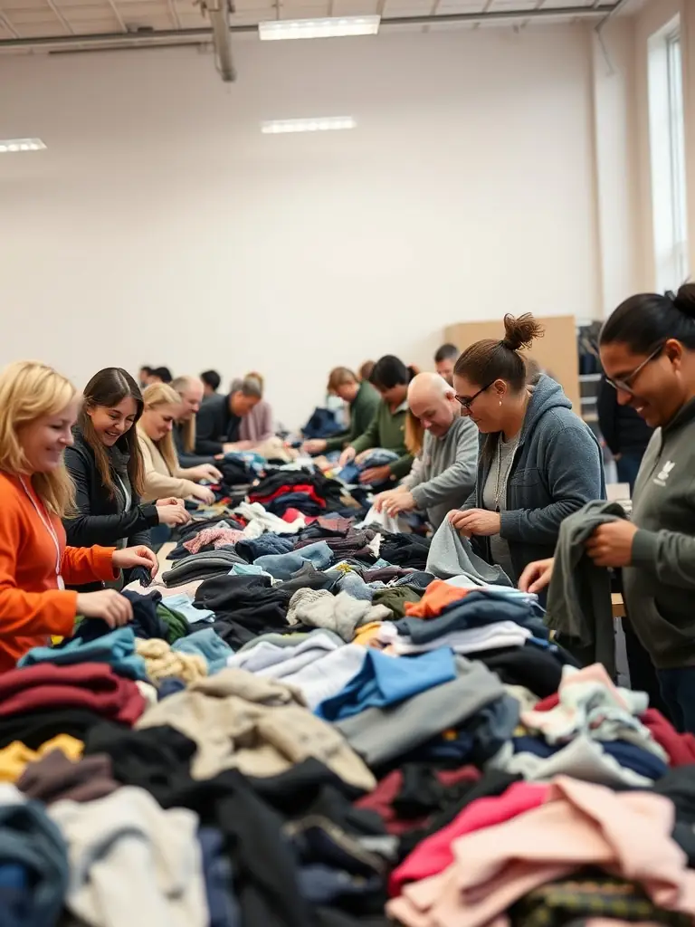 A group of diverse community members smiling and interacting while sorting and packing rescued items at a Recycle ta Planète Solidarité event.