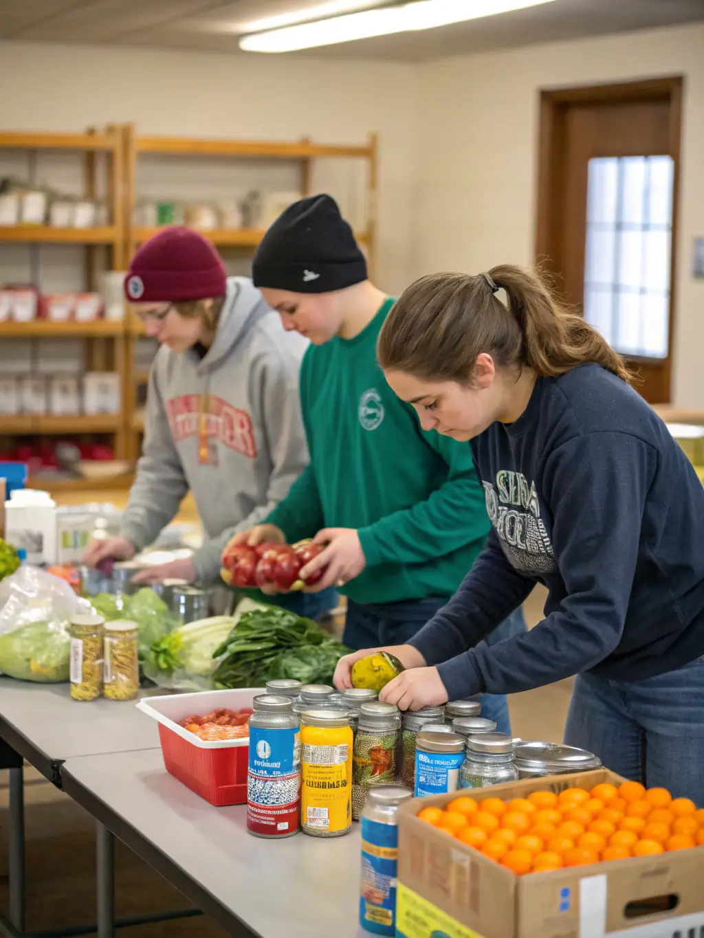 A photograph of volunteers sorting rescued food items in a warehouse, showcasing the scale of the operation and the variety of products saved from waste.