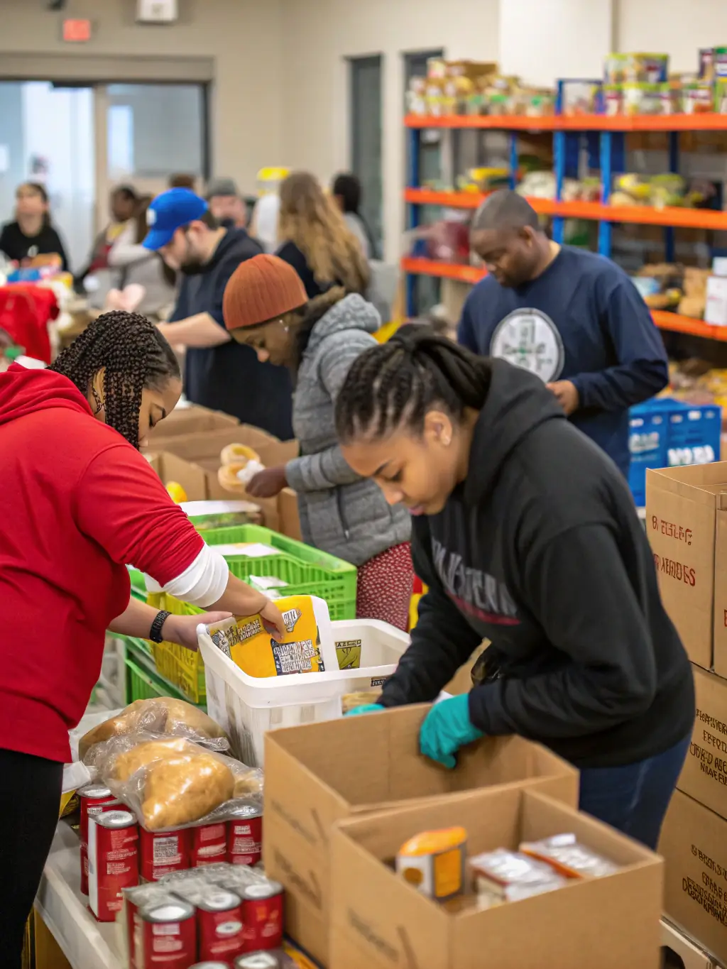 A photograph of volunteers sorting rescued food items into baskets, showcasing the initial stage of the redistribution process at Recycle ta Planète Solidarité.