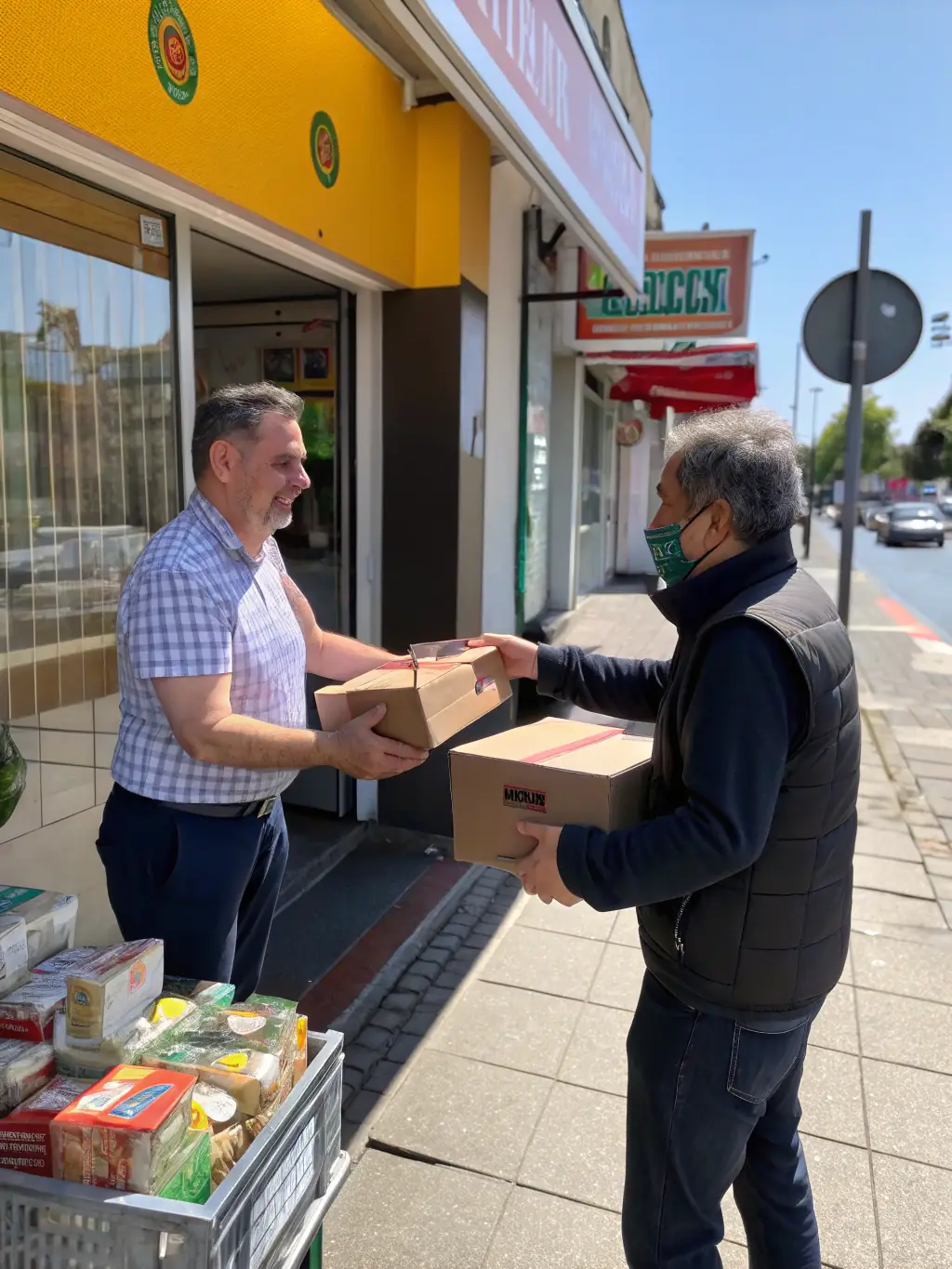 A photo of a local business owner smiling and handing over unsold products to Recycle ta Planète Solidarité volunteers, emphasizing the partnership.